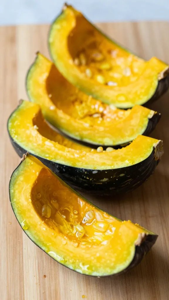sliced acorn squash wedges on wooden cutting board