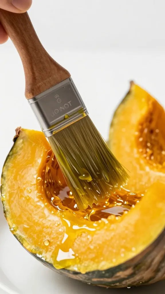 brush coating olive oil on acorn squash wedge