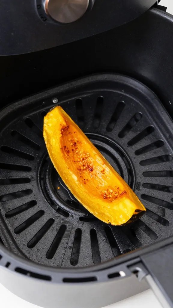 air fryer basket with single seasoned squash wedge