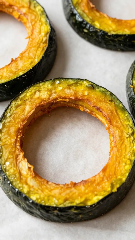 Closeup of crispy delicata squash ring on parchment