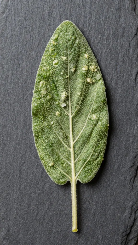 Single crackly fried sage leaf on slate