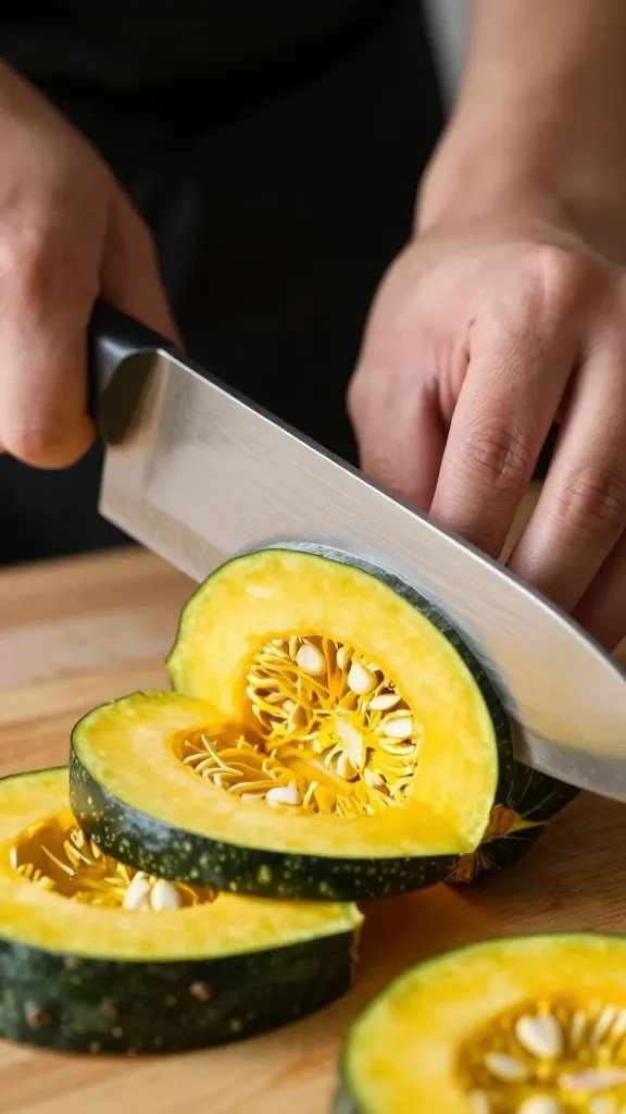 Chef knife slicing delicata squash lengthwise, closeup