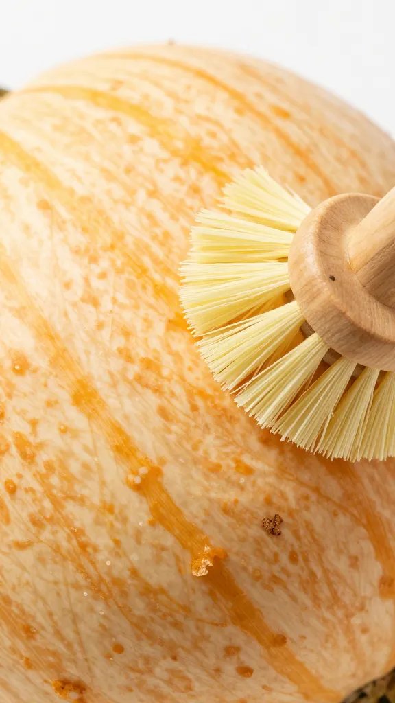 Scrub brush cleaning delicata squash ridges, closeup