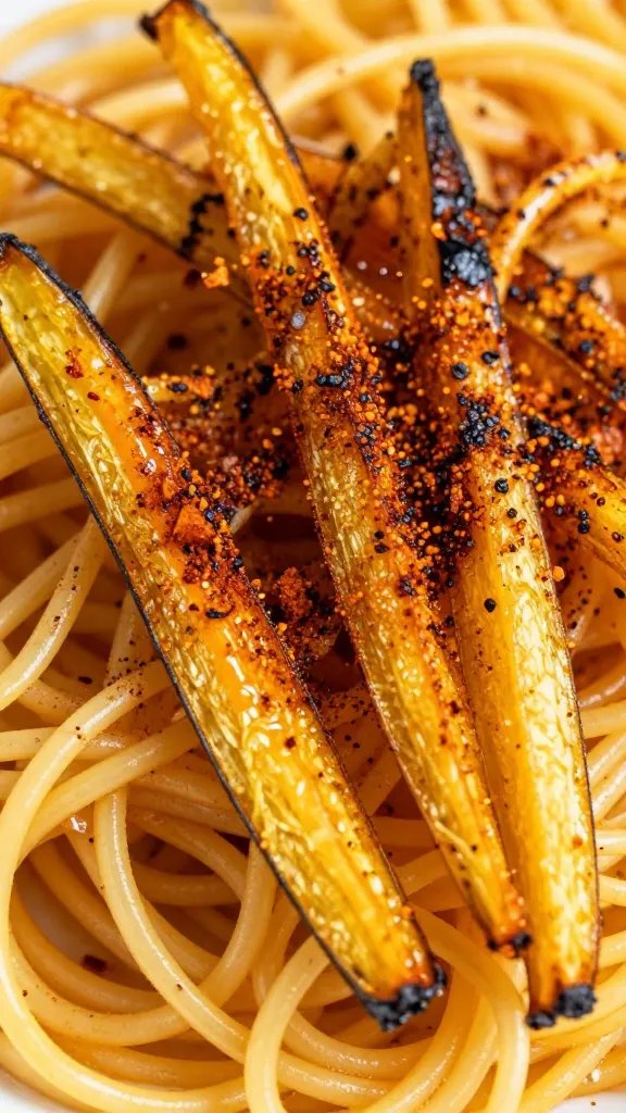 roasted spaghetti squash strands, smoked paprika dusting, macro shot
