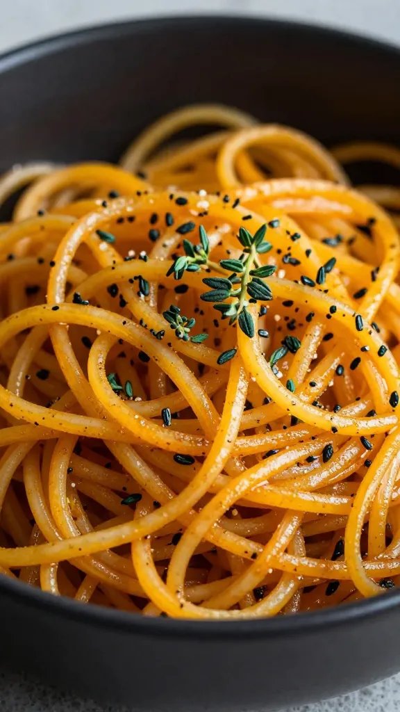 thyme-sprinkled squash noodles in matte black bowl, closeup