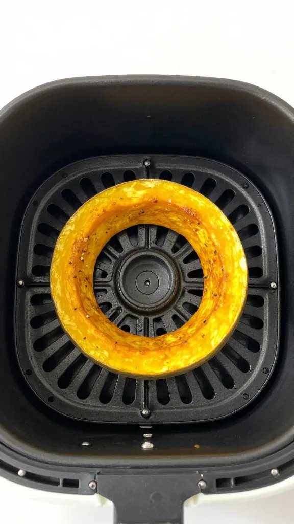 air fryer basket with single seasoned squash ring, top-down