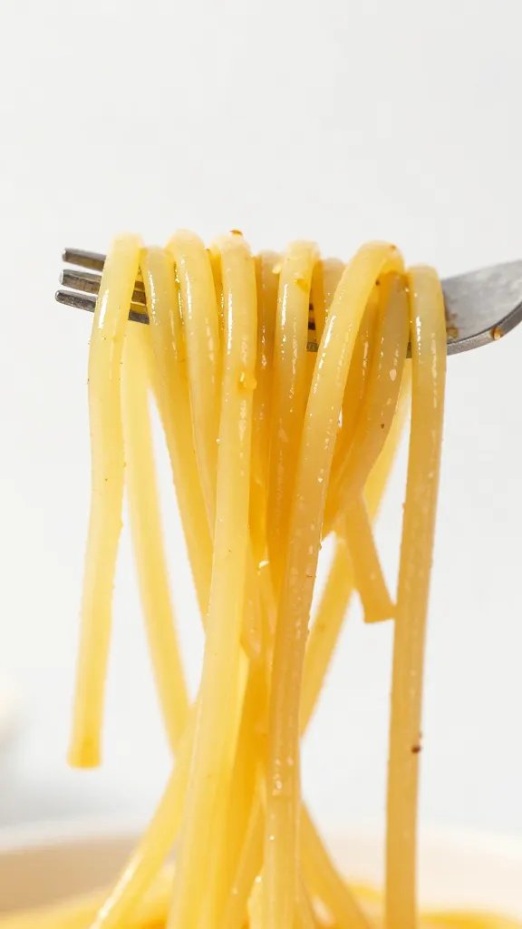 glossy spaghetti squash strands twirled on fork, tight macro