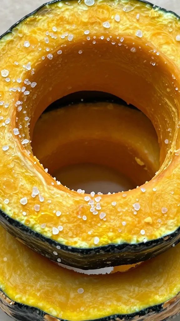 halved squash ring salted with visible crystals, closeup