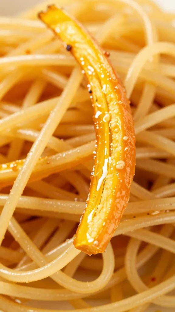 caramelized edge of spaghetti squash strand cluster, macro