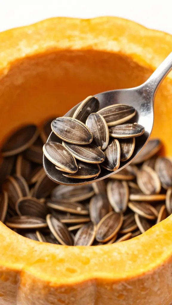 spoon scooping seeds from squash ring, tight focus