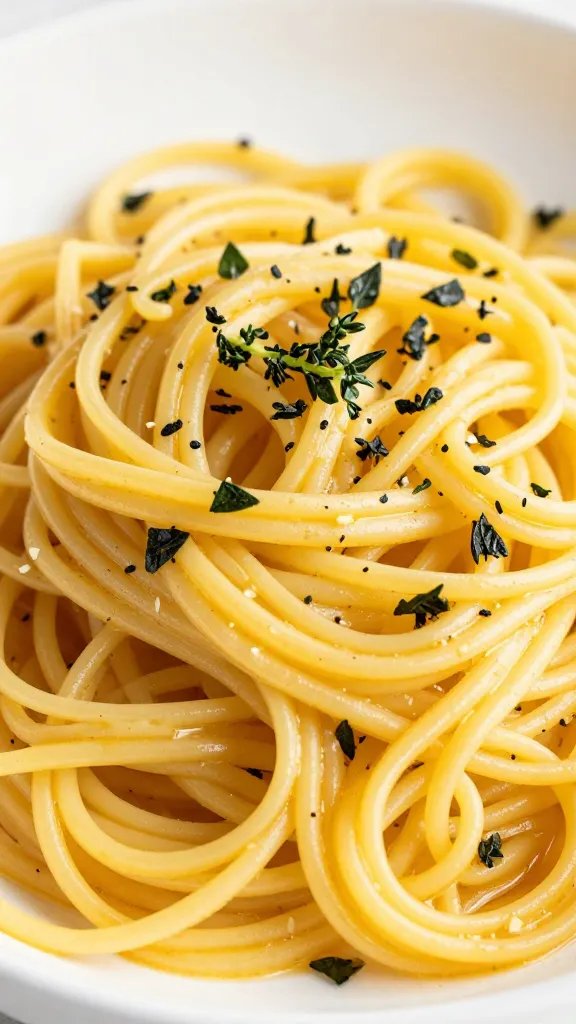 plated keto spaghetti squash with thyme leaves, shallow depth