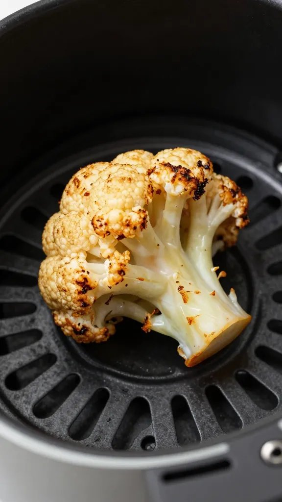 air fryer basket with single browned cauliflower floret closeup