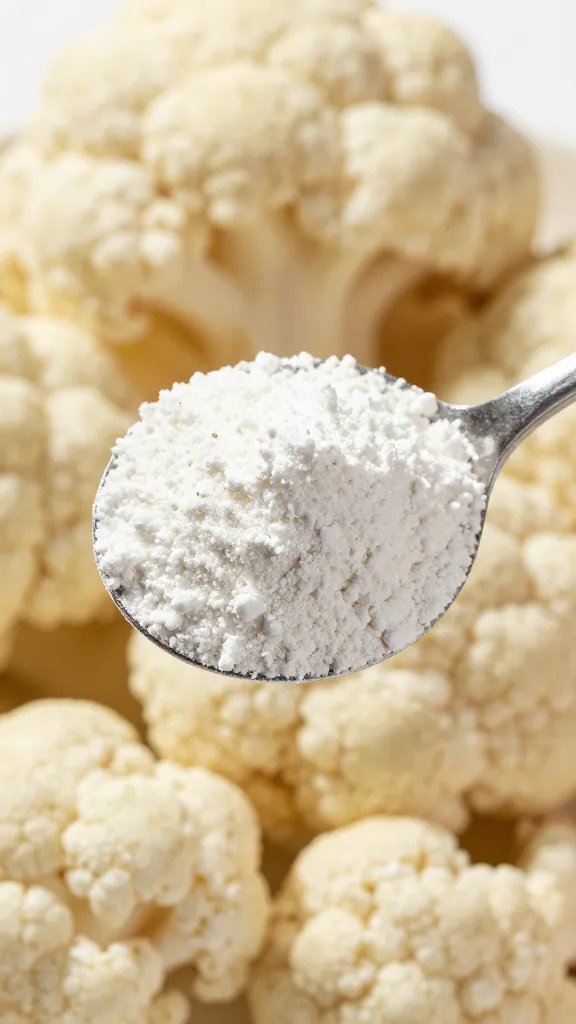aluminum-free baking powder spooned over raw cauliflower macro