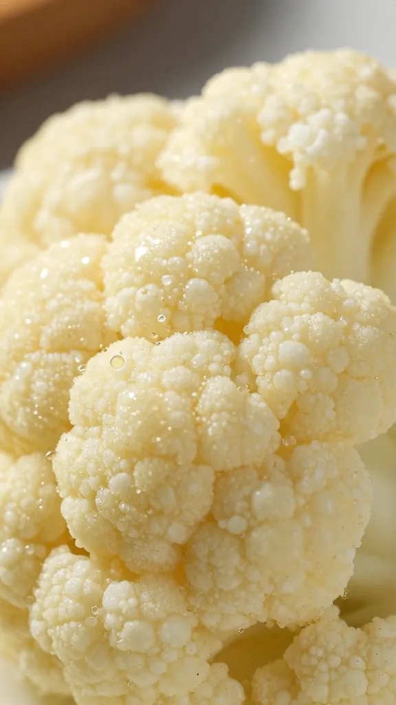 salted cauliflower floret beading moisture extreme closeup