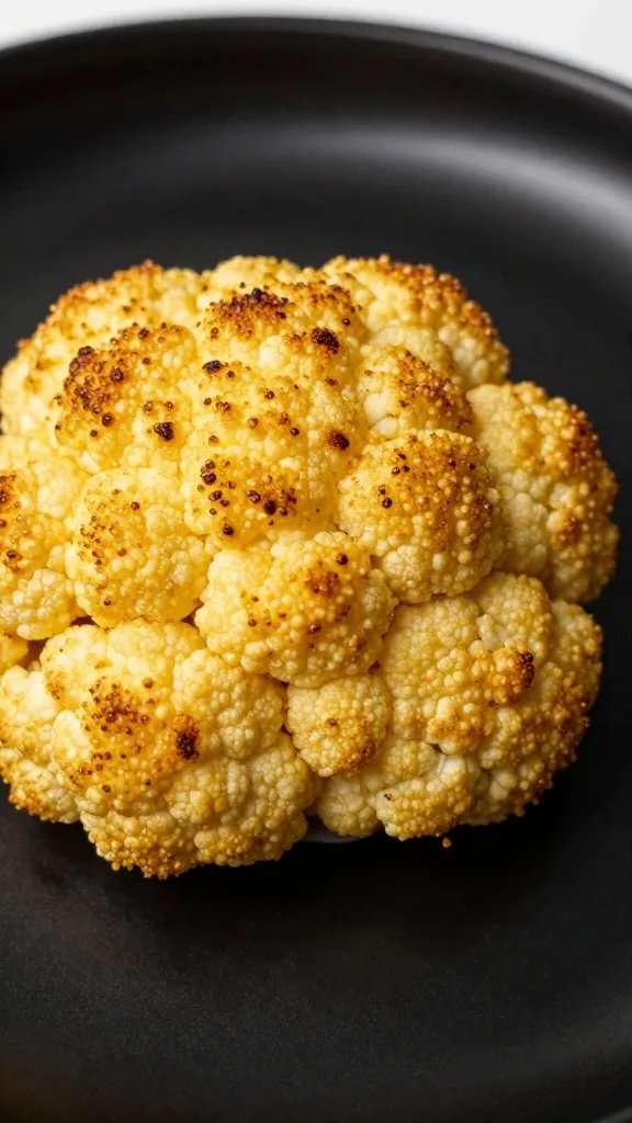 golden blistered cauliflower crust macro on black plate