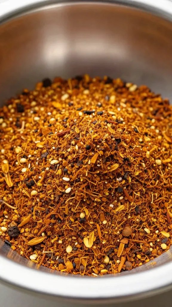 single floret tossed in spice rub in stainless bowl closeup