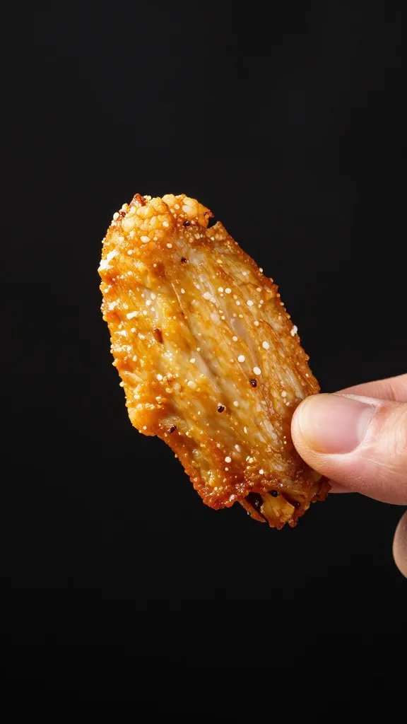 tongs holding one crispy cauliflower wing against dark backdrop