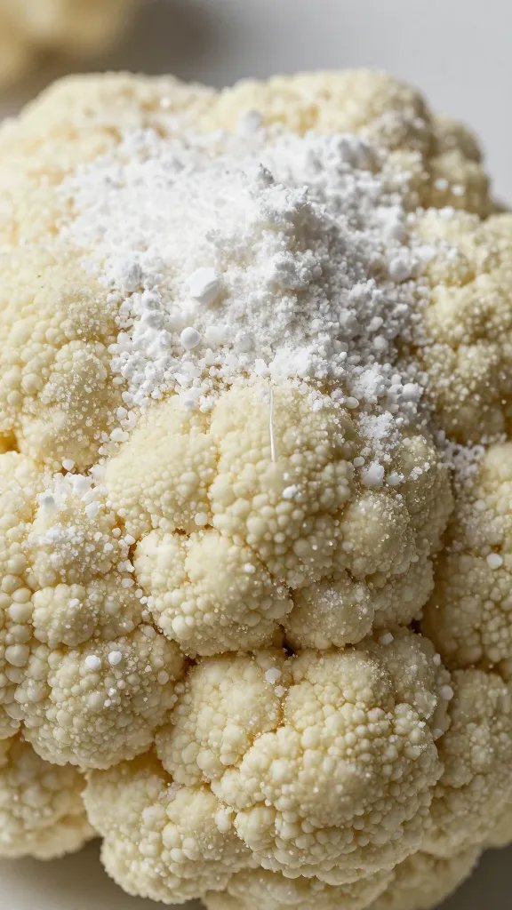 baking powder and salt coating on cauliflower surface macro