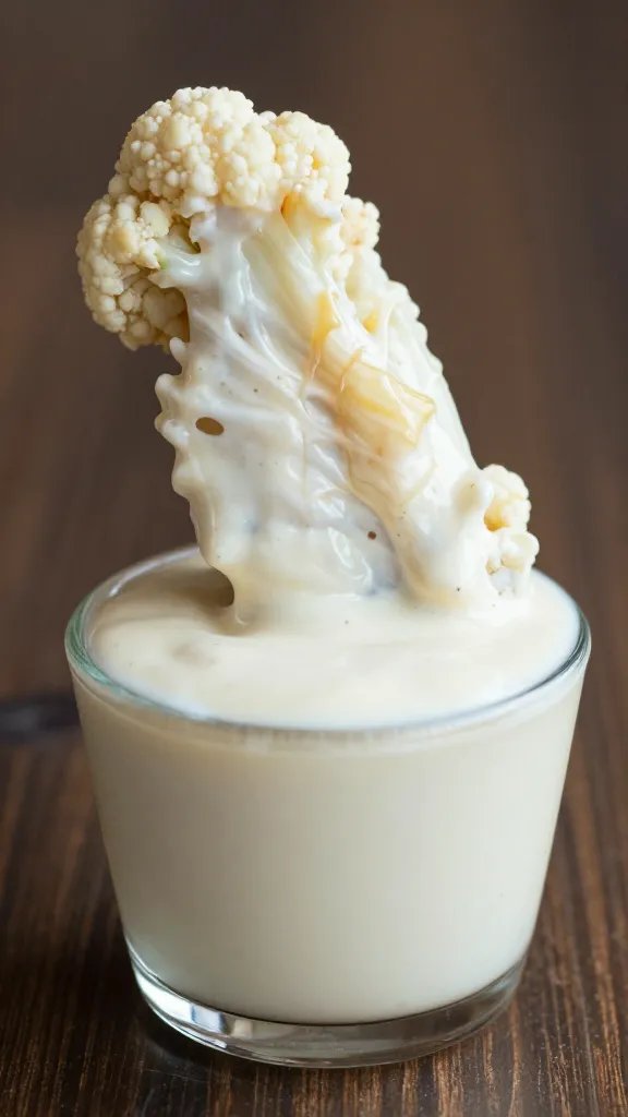 single cauliflower wing dipped in buffalo sauce drip shot