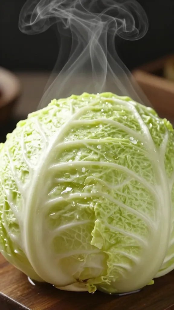 vinegar-spritzed cabbage wedge with steam wisps