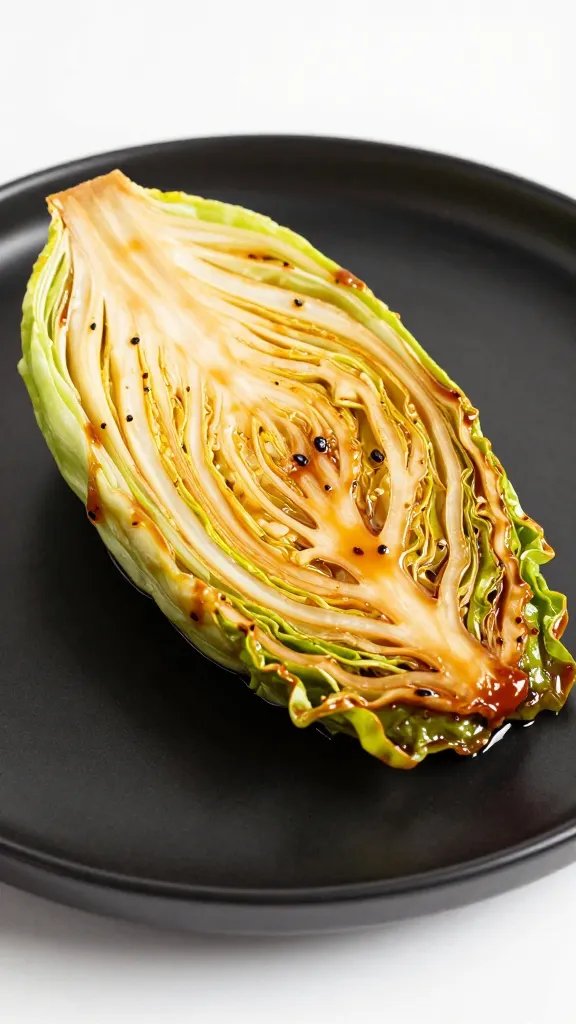 caramelized cabbage wedge on black plate