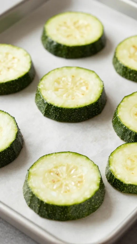 closeup of salted zucchini rounds on parchment-lined sheet pan