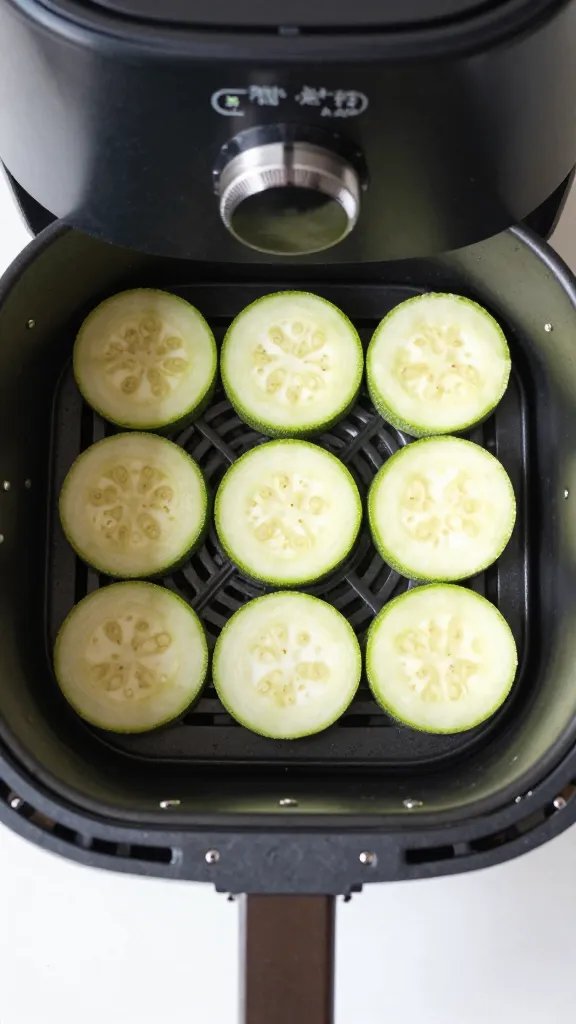 single air fryer basket with arranged zucchini slices, overhead