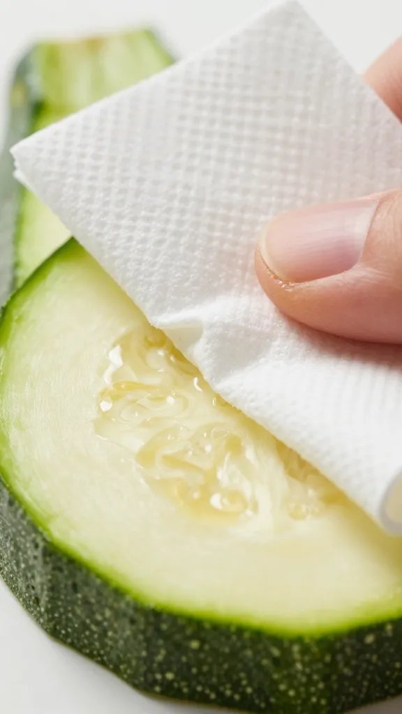 paper towel blotting one zucchini slice, macro detail