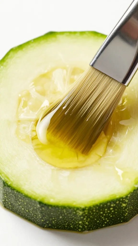 brushed olive oil on one zucchini round, macro