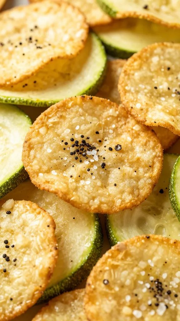 golden-brown keto zucchini chip with truffle salt crystals
