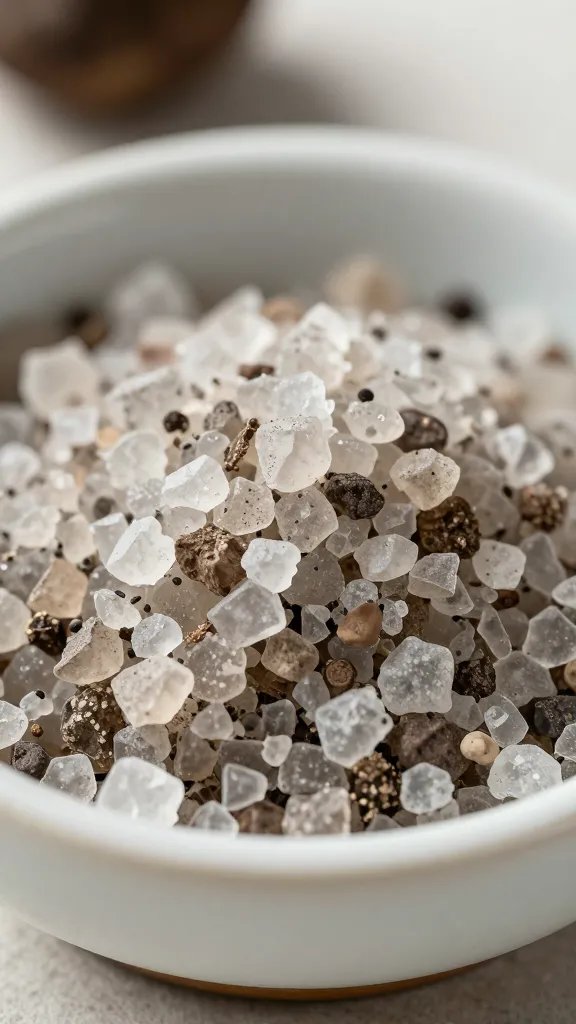 small ceramic bowl of truffle salt, tight macro shot