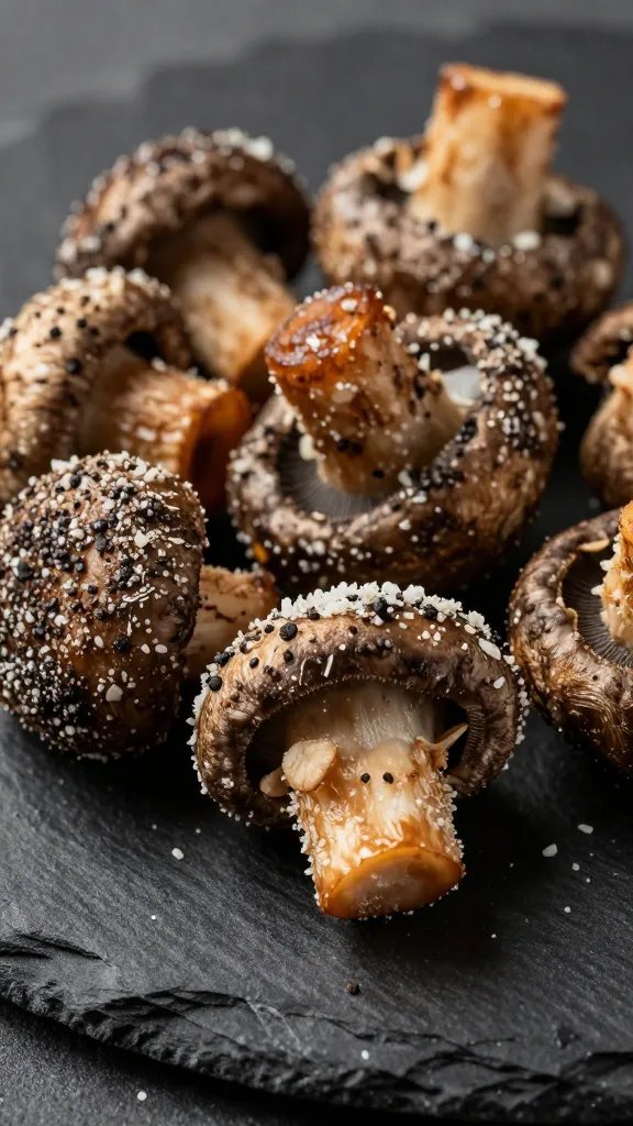 closeup of crispy truffle parmesan mushrooms on black slate