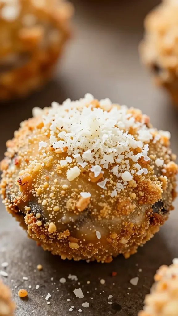 single air-fried mushroom cap with parmesan crust, macro