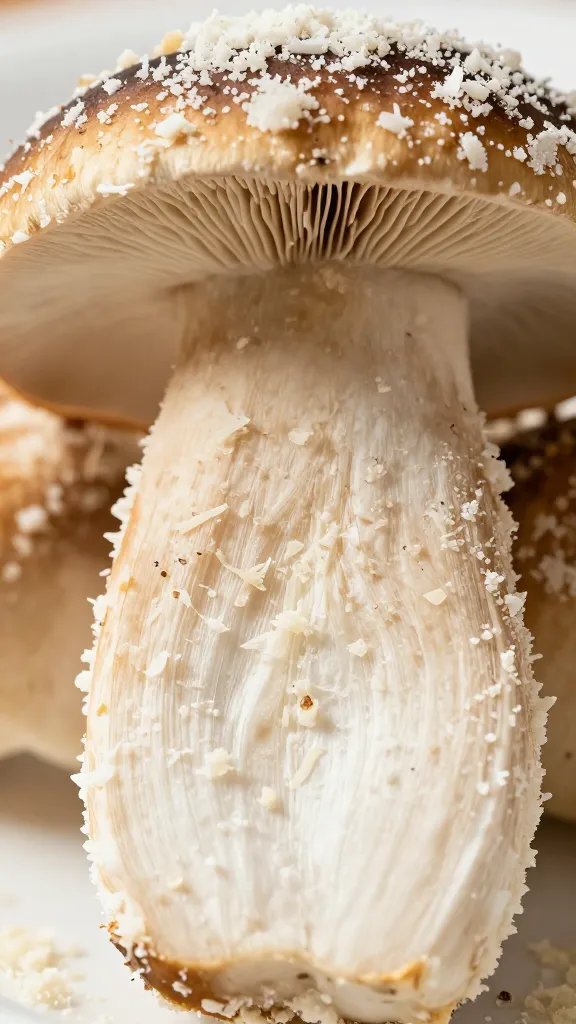 porcini slice coated in grated parmesan, extreme closeup