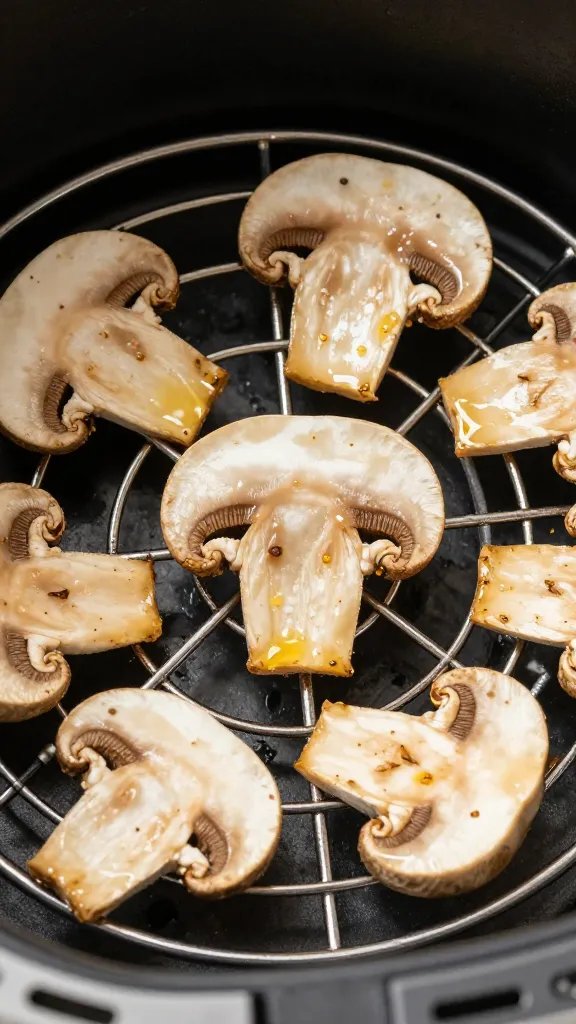 oiled cremini slice on wire air fryer basket, closeup