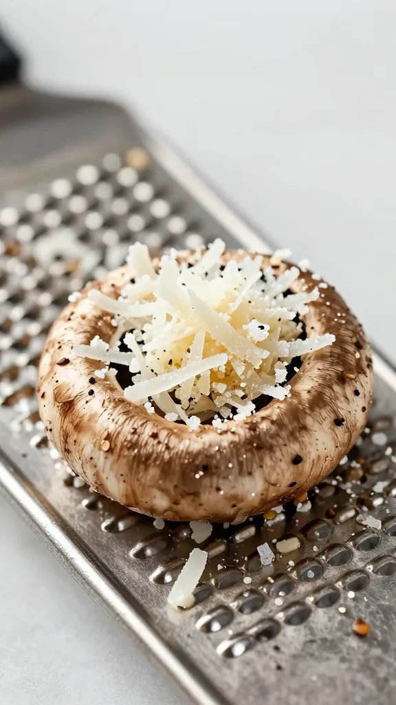 microplane grating parmesan over one mushroom cap, closeup