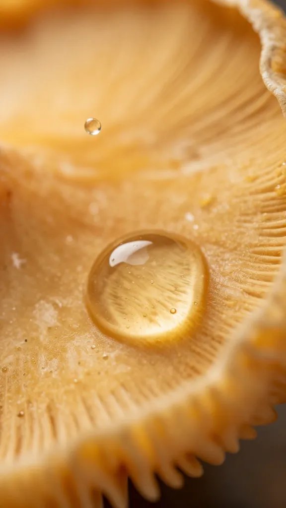 truffle oil droplet on golden mushroom crust, macro