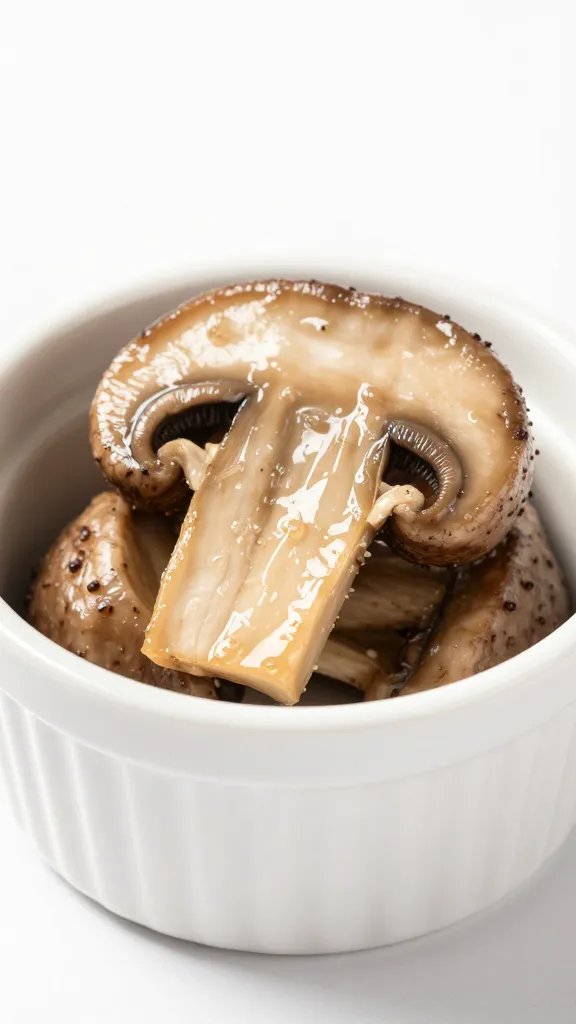 keto mushroom bite on small white ramekin, closeup