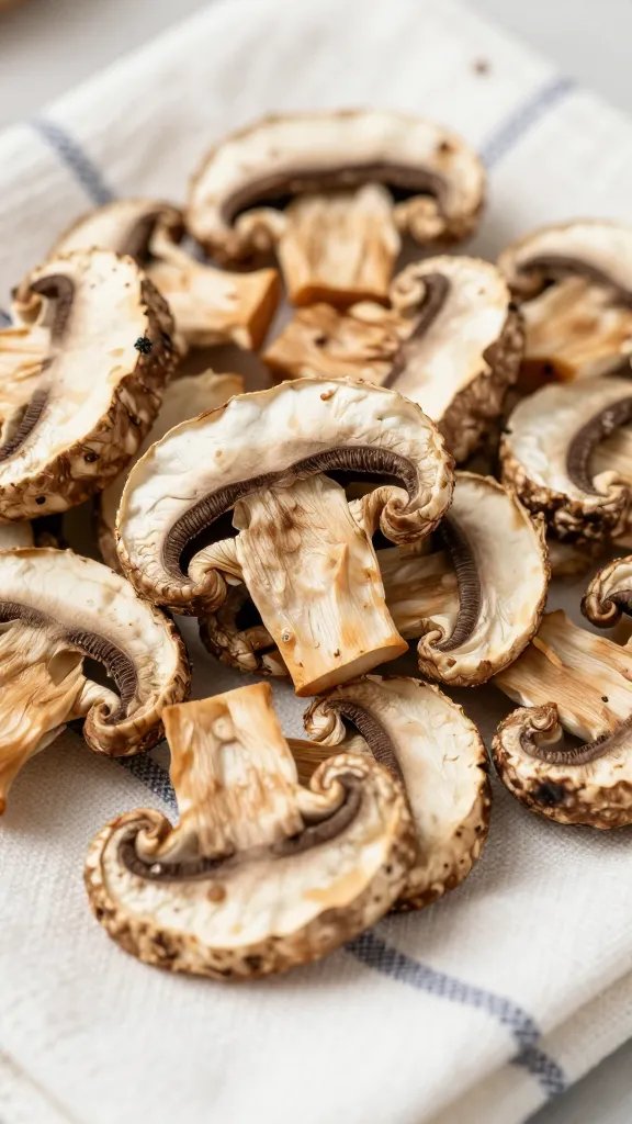 tea towel-dried mushroom slice ready for fryer, closeup