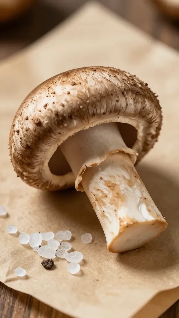 single browned mushroom on parchment, sea salt flakes closeup