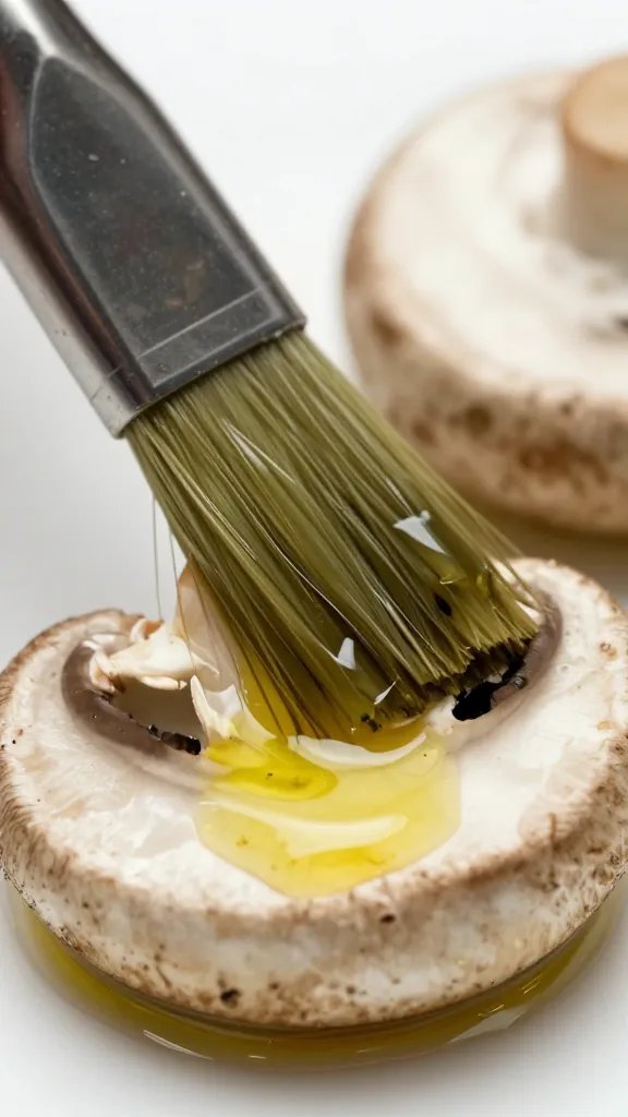 brushed olive oil on mushroom cap, macro shot