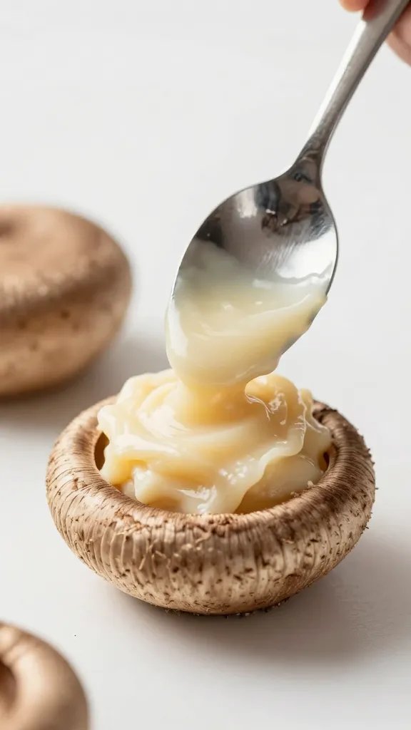 spoon spreading low-carb filling into one portobello cap