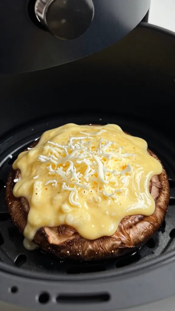 grated mozzarella melting atop one portobello in air fryer