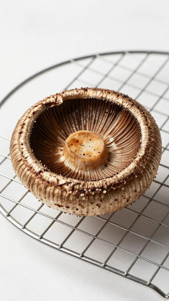 single seasoned portobello cap gill-side up on wire rack