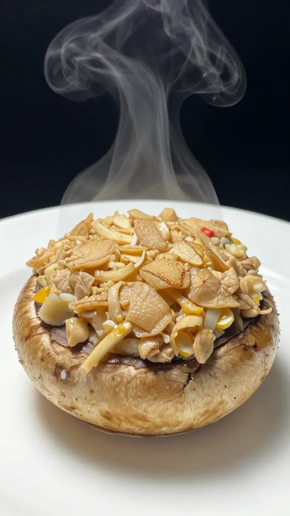 finished stuffed portobello cap with steam, shallow depth