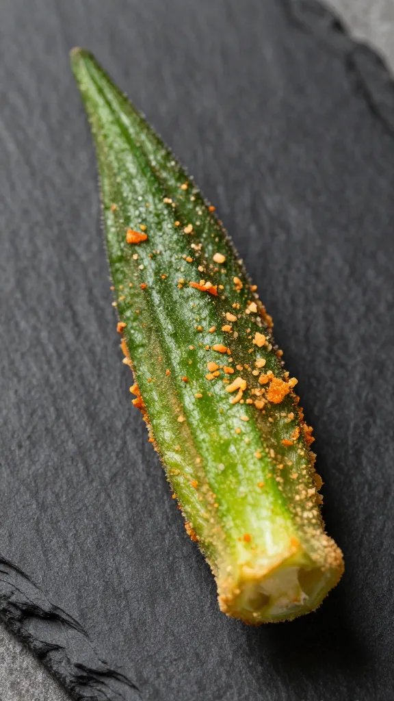 single air-fried okra pod, shatter-crisp, on black slate