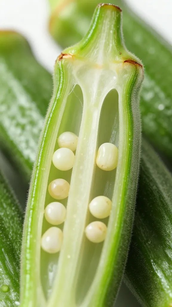 closeup halved okra pod with blistered edges, macro