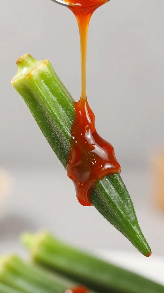 spoon drizzling sugar-free gochujang glaze on one okra pod