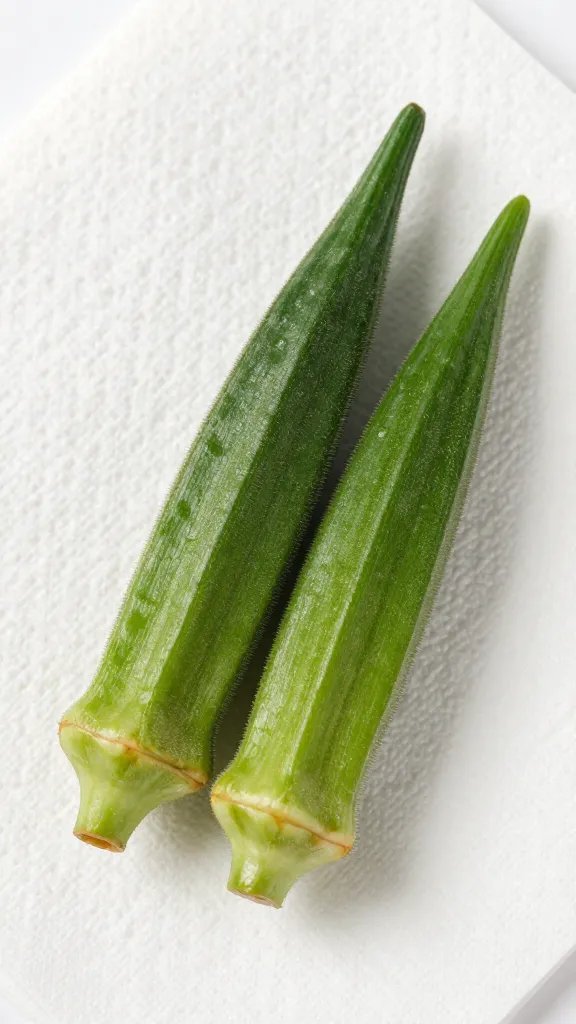 trimmed okra tip, perfectly dry, on white paper towel