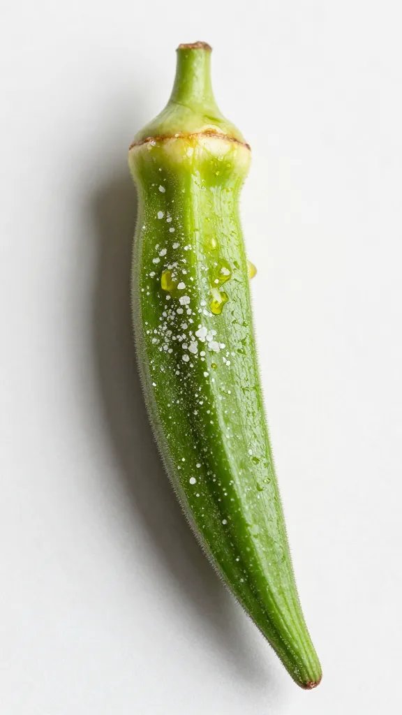 single raw okra pod dusted with avocado oil and salt